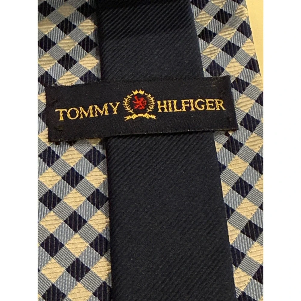 Tommy Hilfiger Mens Blue Gingham Check 100% Silk‎ Necktie Made in USA